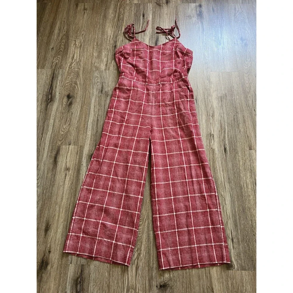 Madewell Red Biopic Plaid Spaghetti Strap Linen Blend Jumpsuit Womens Size Small